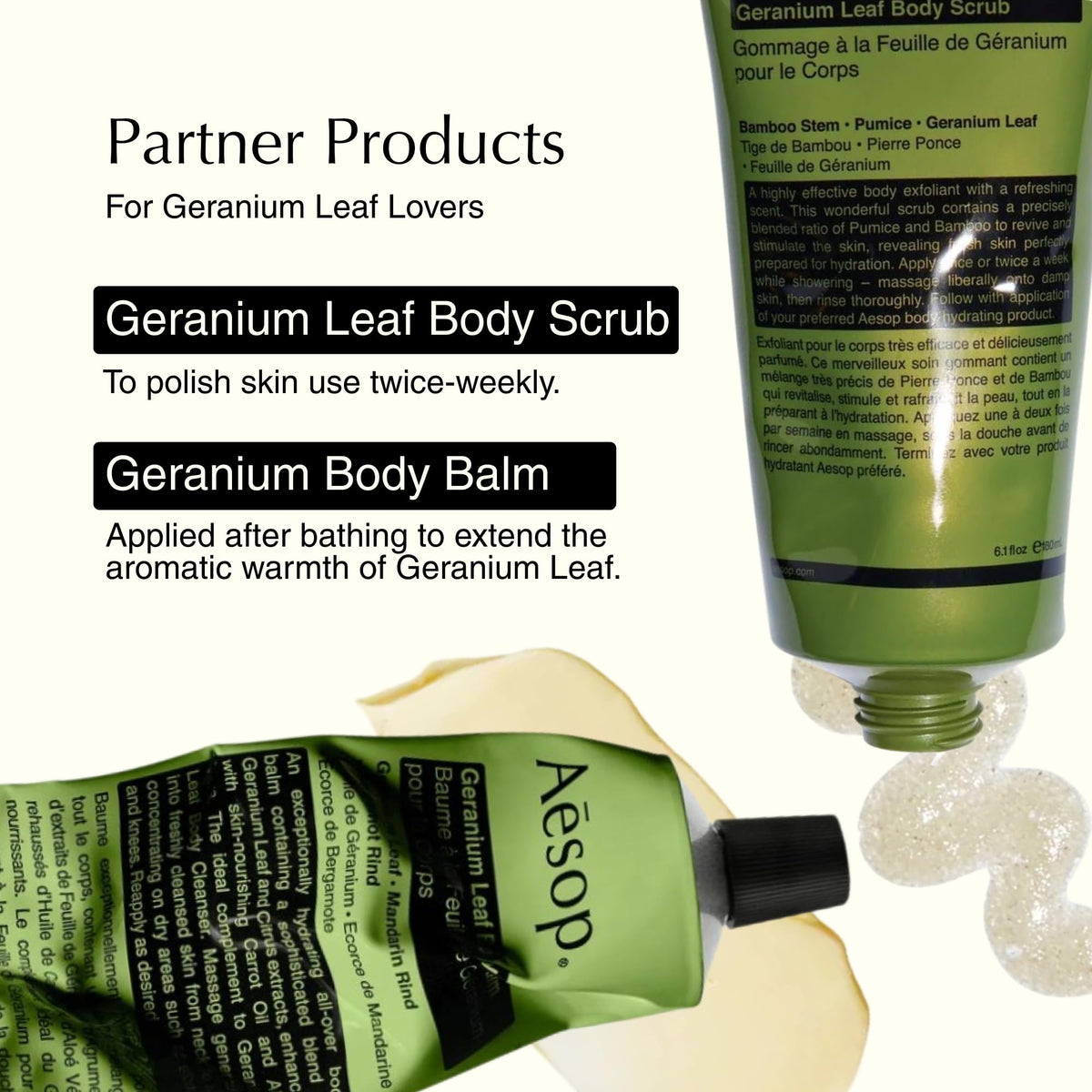 Flatlay of Aesop bottle with geranium and citrus rinds showing botanical ingredients benefit