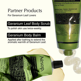 Flatlay of Aesop bottle with geranium and citrus rinds showing botanical ingredients benefit