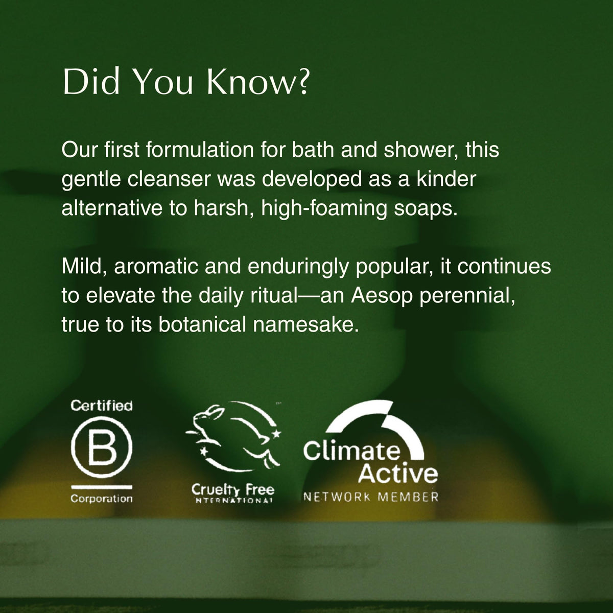 Aesop bottle staged in bathroom setting evoking calming, spa-like ritual benefit
