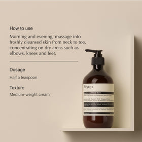 Aesop closeup pump and label detailing brand and product information