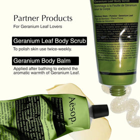Aesop geranium leaf bottle next to hand for size comparison and practicality