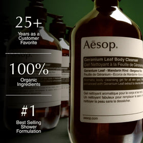 Aesop geranium leaf gel texture and foam illustrating gentle lather