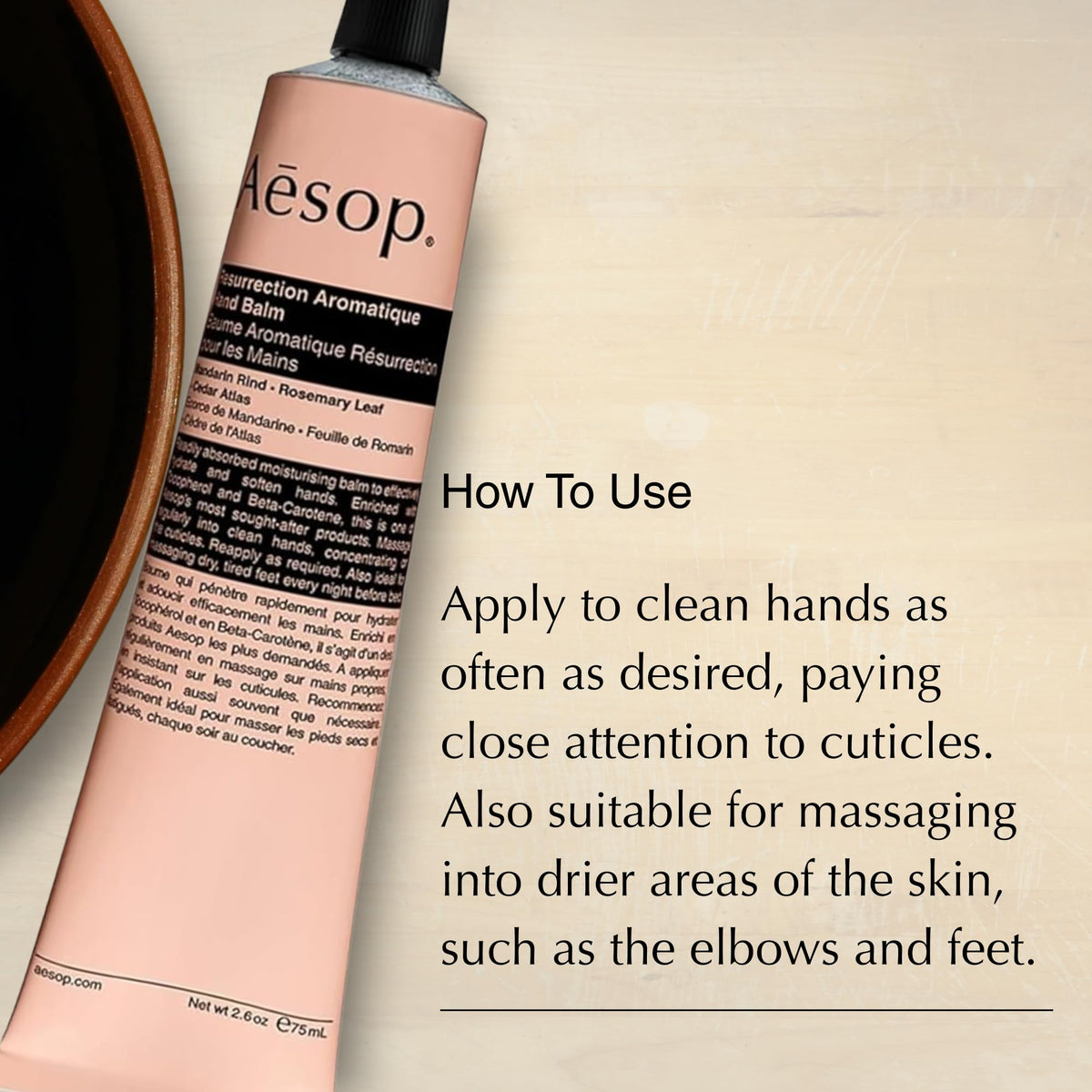 Aesop hand balms styled on bathroom vanity conveying daily ritual and refined scent