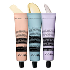 Aesop front packaging showing three travel tubes and compact box for gifting