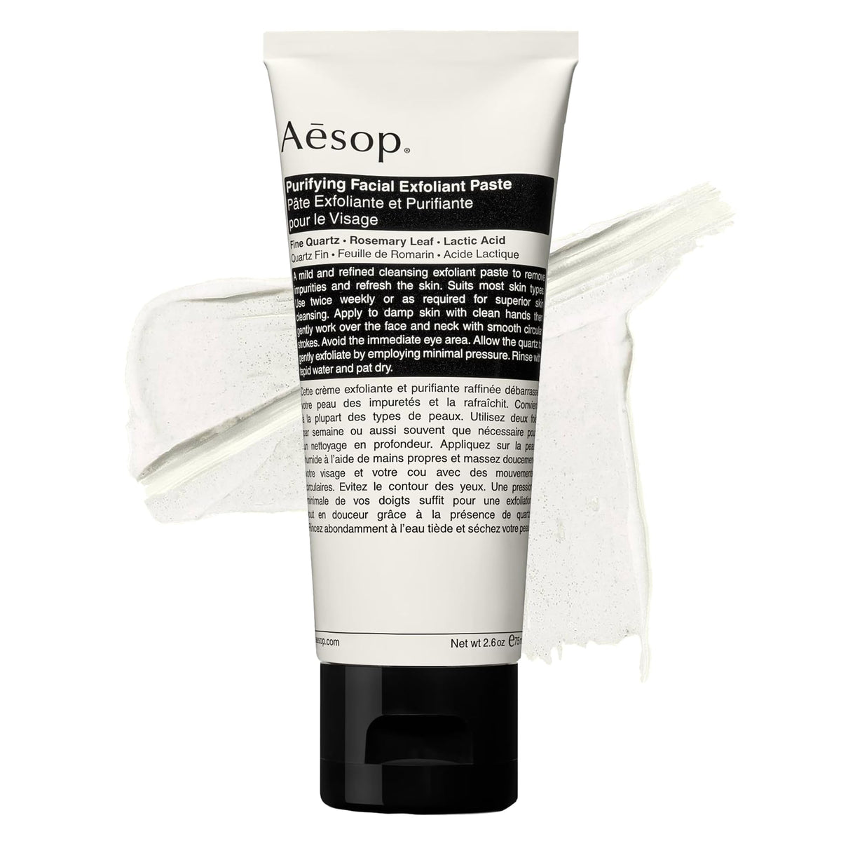 Aesop purifying paste front packaging showing tube and branding benefits clarity