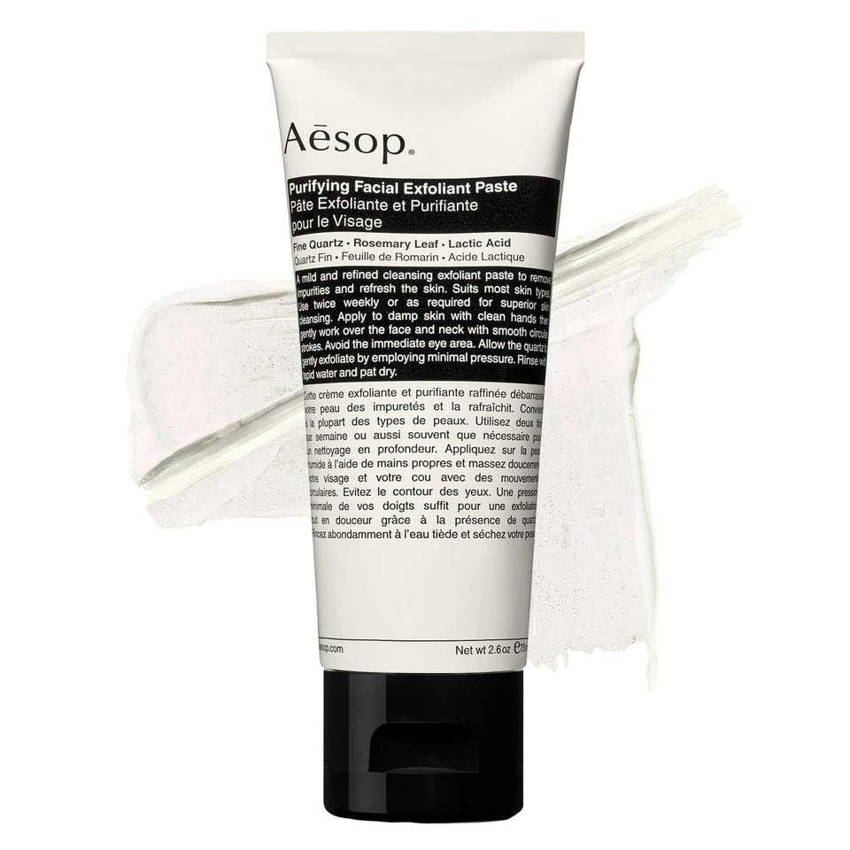 Aesop purifying paste front packaging showing tube and branding benefits clarity