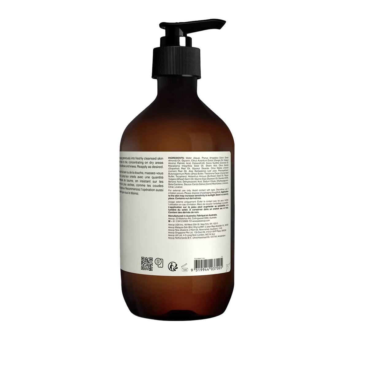 Aesop recycled bottle label close-up indicating high recycled plastic content and sustainability