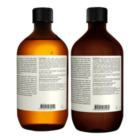Close-up of recycled-plastic symbol on Aesop bottle to show sustainable packaging benefit