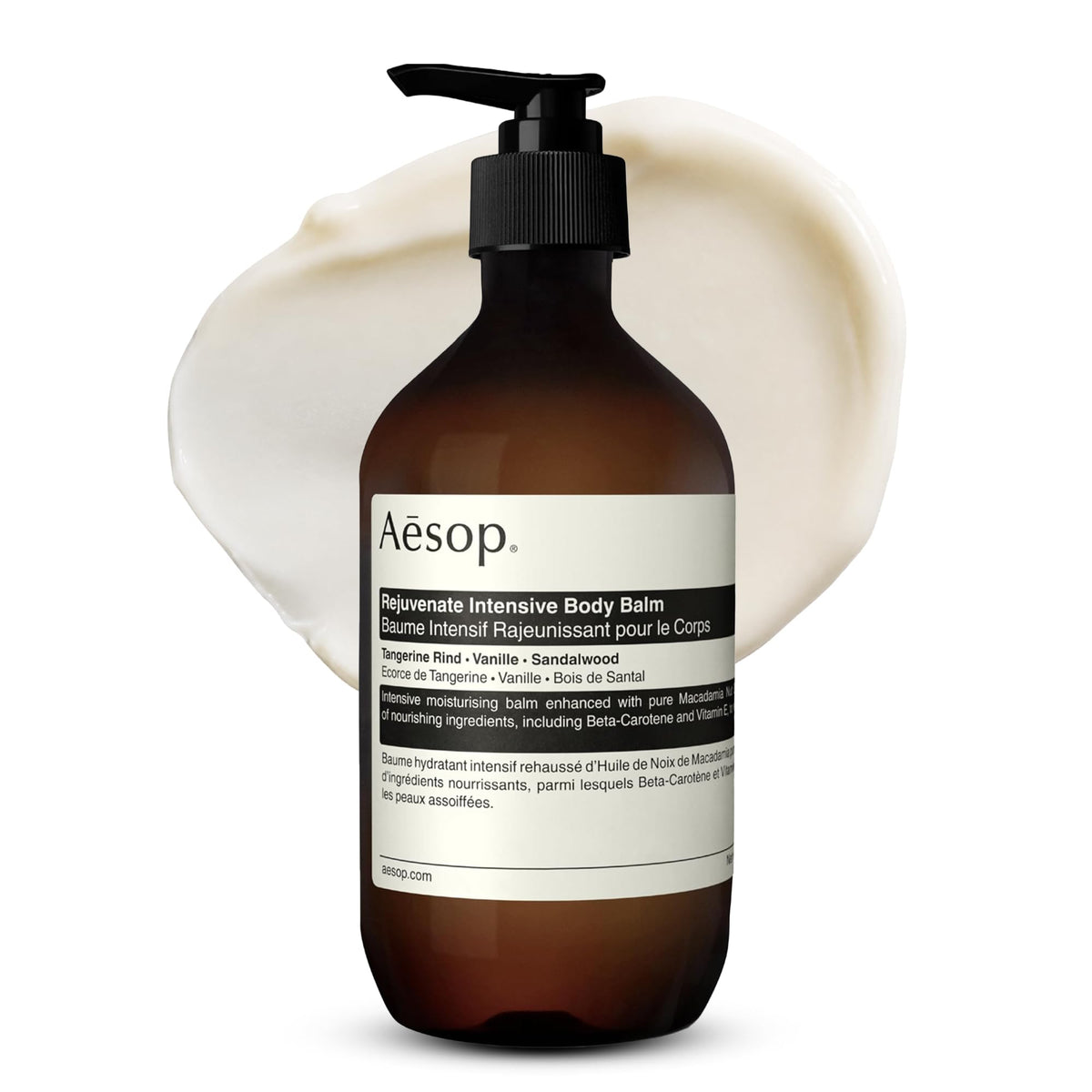 Aesop jar front view showing label and 500mL size, conveys premium hydration