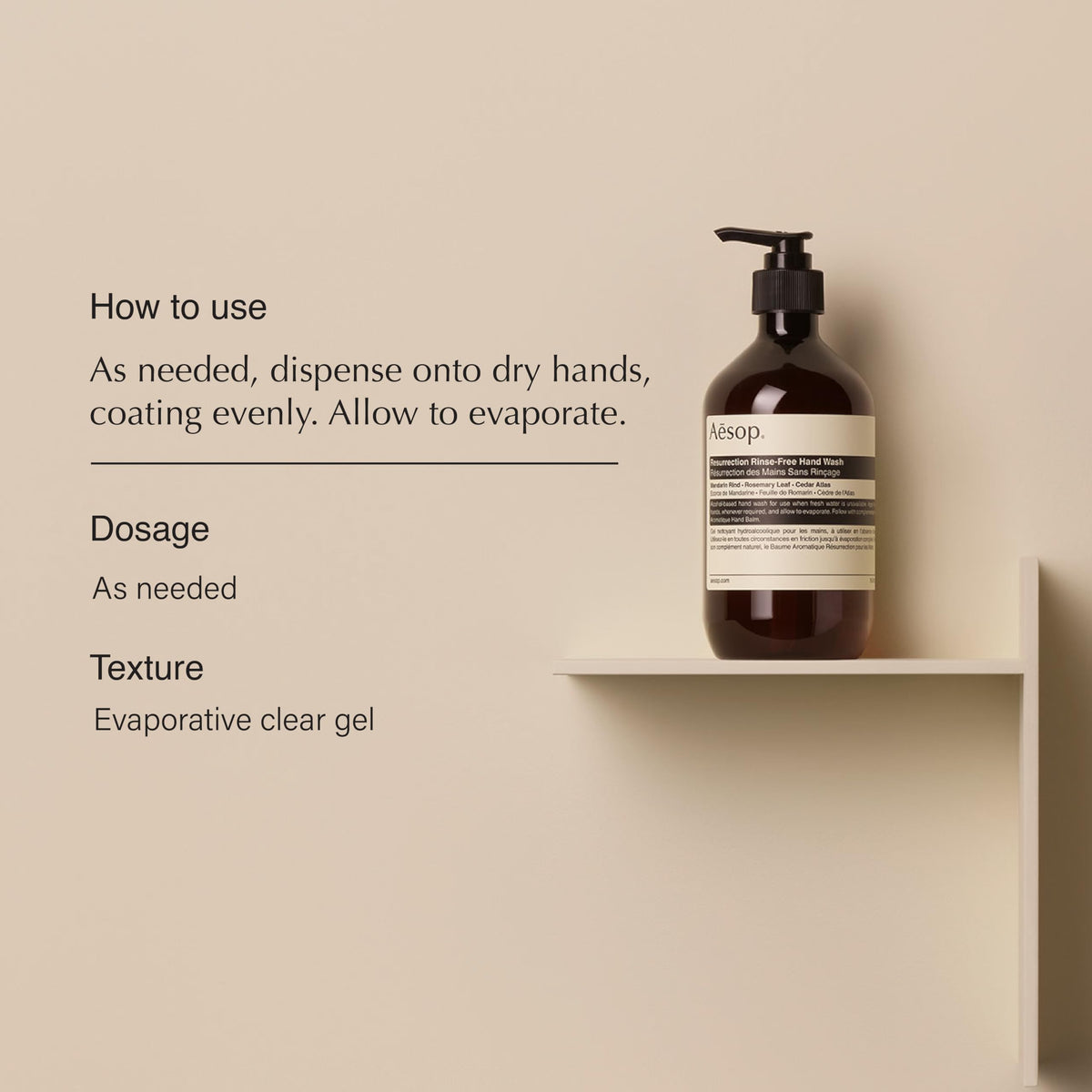 Close-up gel texture on palm highlighting Aesop quick-dry benefit