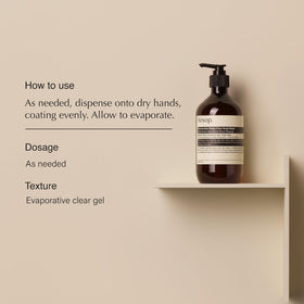 Close-up gel texture on palm highlighting Aesop quick-dry benefit