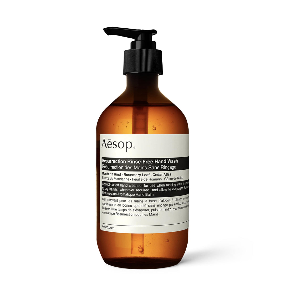 Aesop bottle front label showing product name and size, clear packaging benefit