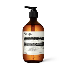 Aesop bottle front label showing product name and size, clear packaging benefit