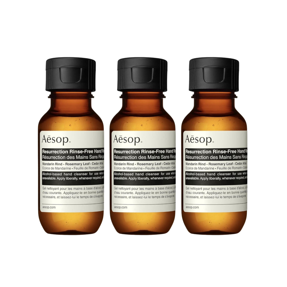 Aesop front packaging showing three travel-size tubes and clear branding for portability and convenience