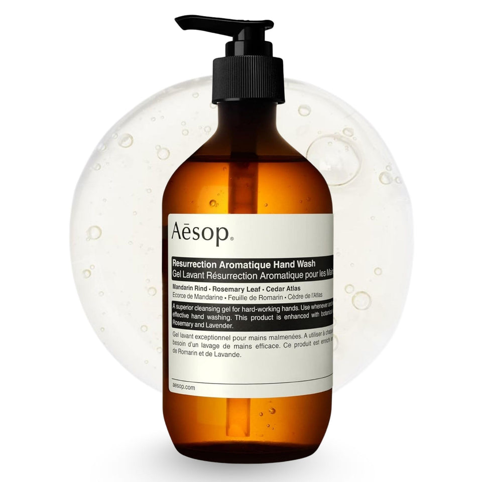 Aesop bottle front packaging showing minimalist label and recycled plastic benefit