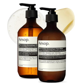 Aesop front packaging showing both 500 mL pumps and minimalist design benefit