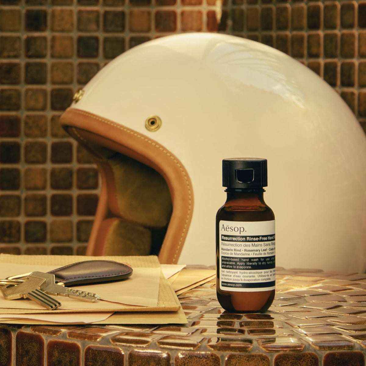 Aesop gel being applied to hands showing effective cleansing on the go and quick evaporation