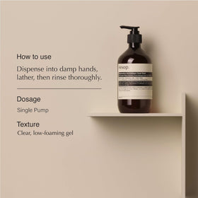 Aesop pump detail highlighting easy-dispense top for controlled usage benefit