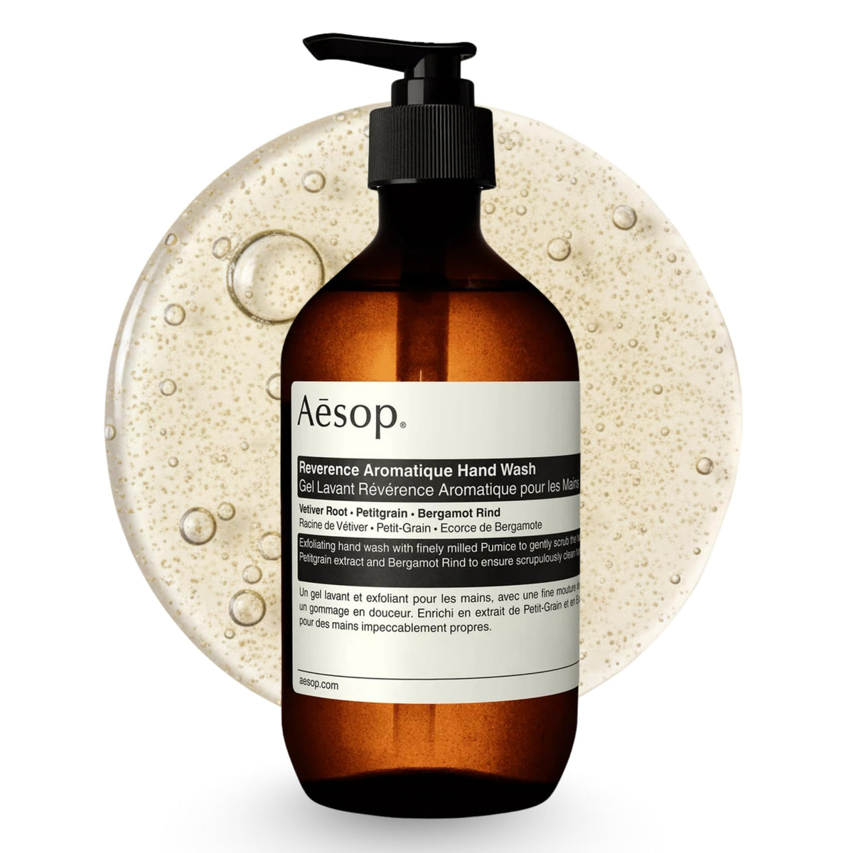 Aesop Reverence Aromatique front bottle showing recycled-plastic packaging and clear label benefit