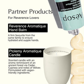 Aesop Reverence pouch on bathroom counter styled to show premium aesthetic and refill convenience