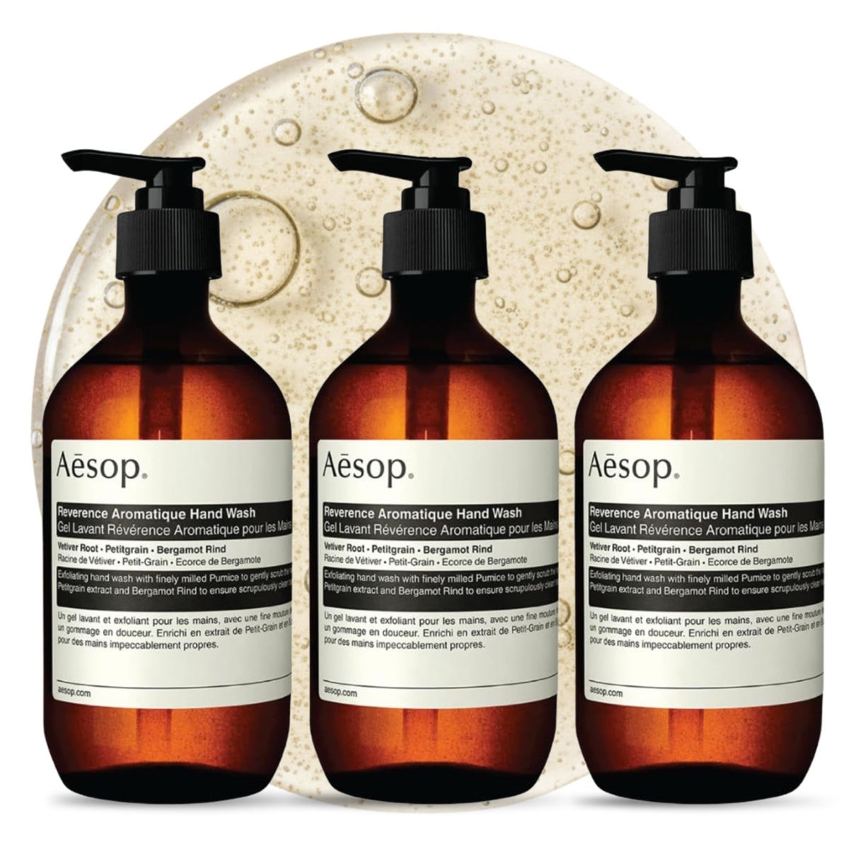 Aesop bottle front packaging showing elegant label and product benefit