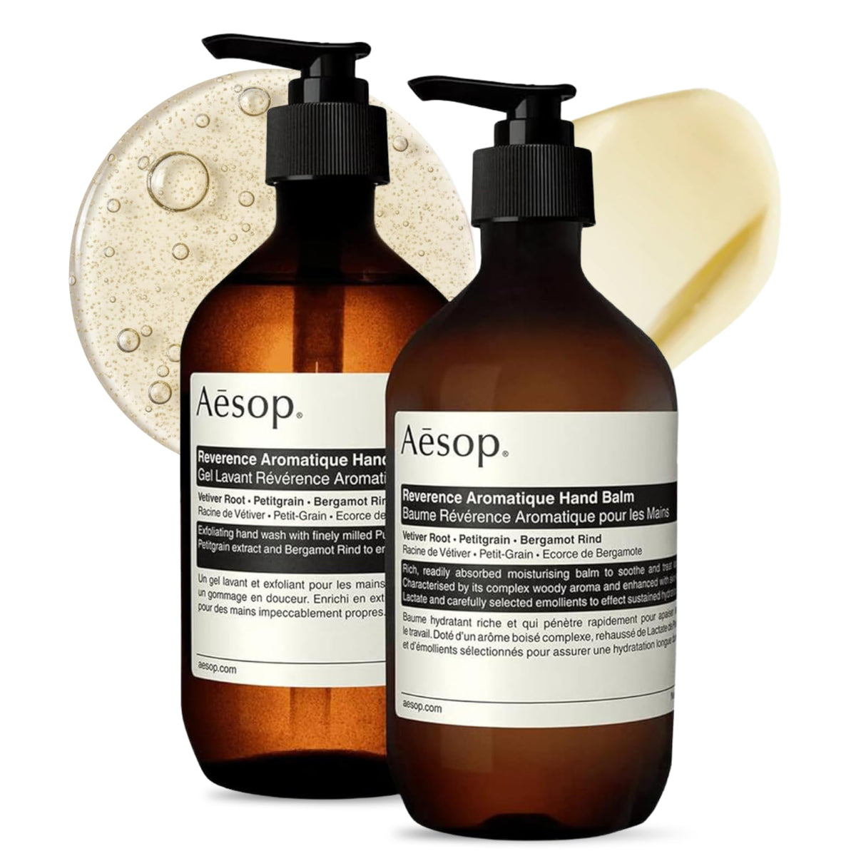 Aesop bottle front packaging showing amber duo and refined design benefit: aesthetic display