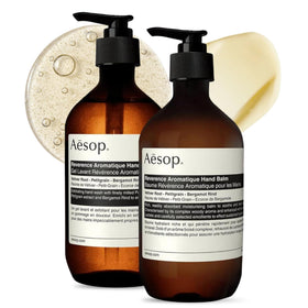 Aesop bottle front packaging showing amber duo and refined design benefit: aesthetic display