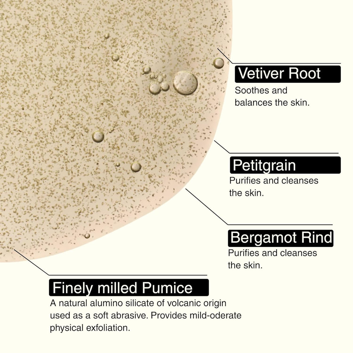 Macro view of finely milled pumice in Aesop formula showing mild exfoliation benefit