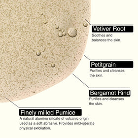 Macro view of finely milled pumice in Aesop formula showing mild exfoliation benefit