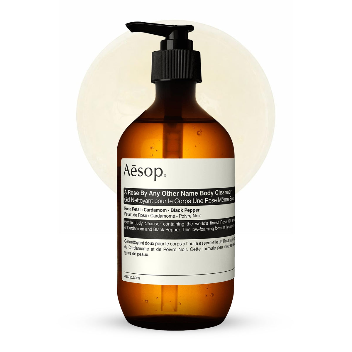 Aesop front bottle showing elegant packaging and recycled plastic benefit
