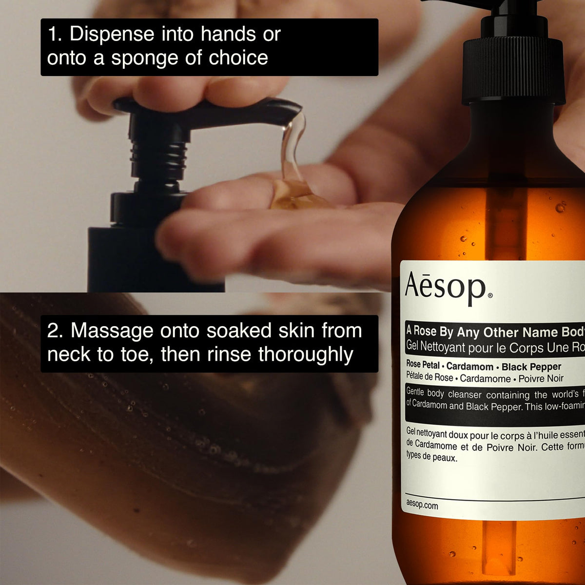 Aesop rose petal ingredient display emphasizing natural botanical benefit