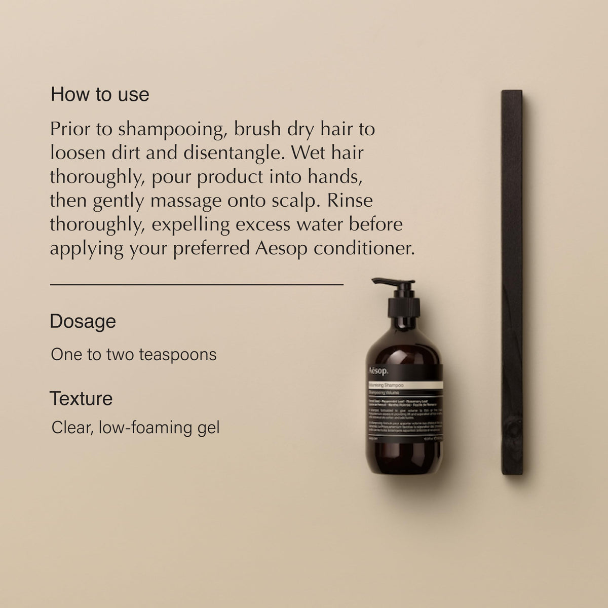 Aesop shampoo bottle closeup showing pump and label for easy dispensing