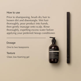 Aesop shampoo bottle closeup showing pump and label for easy dispensing