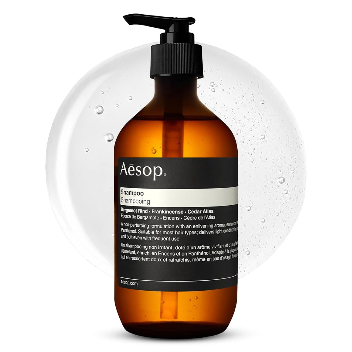 Aesop bottle front view showing minimalist label and recycled packaging benefit