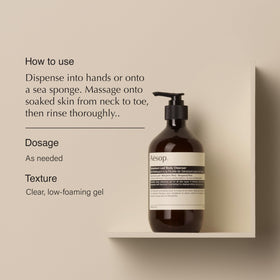 Aesop shampoo front packaging highlighting botanical ingredients and gentle cleansing benefits