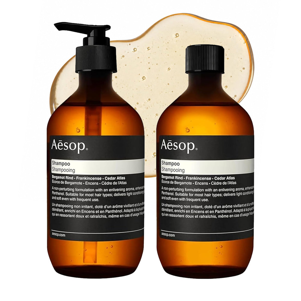 Aesop front packaging showing bottle and label, elegant benefit: clear product identity
