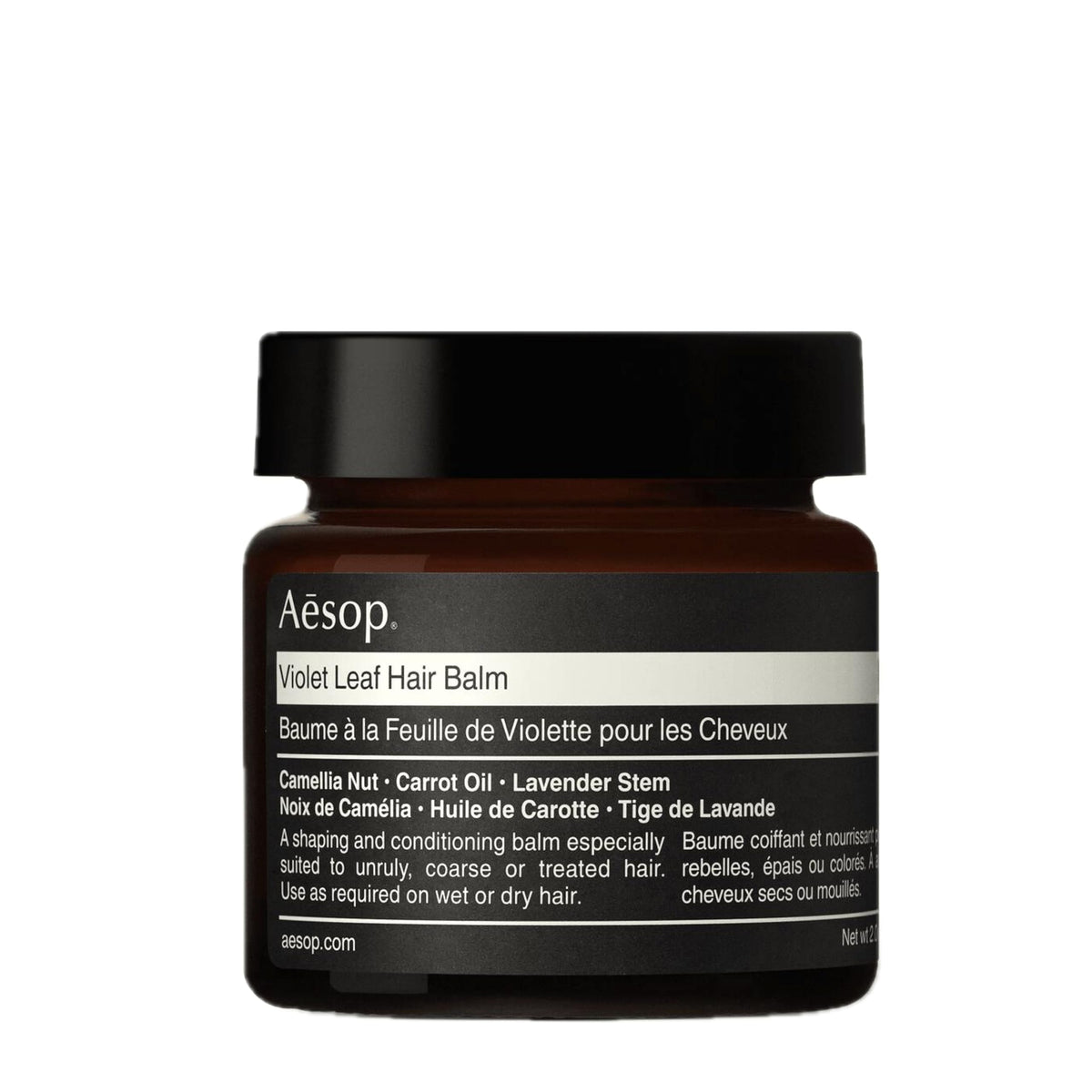 Aesop violet leaf hair balm front packaging showing compact 60 mL jar and label benefit