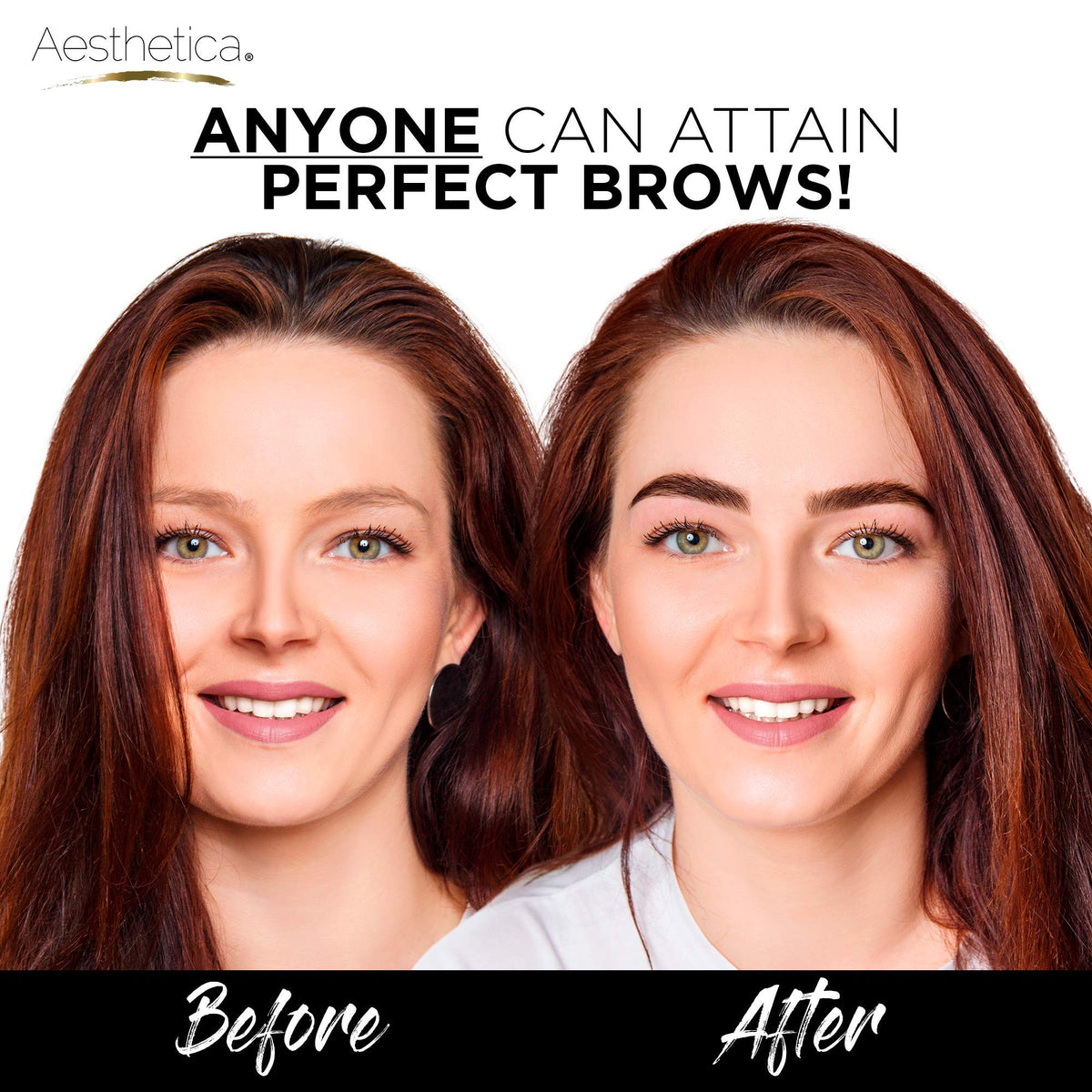Aesthetica in-use model applying brow powder demonstrating natural, defined result