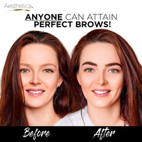 Aesthetica in-use model applying brow powder demonstrating natural, defined result