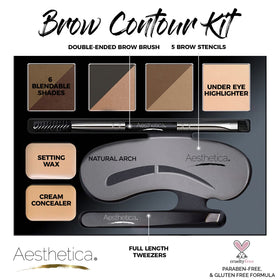 Aesthetica close-up of six brow powders illustrating blendable, pigmented shades