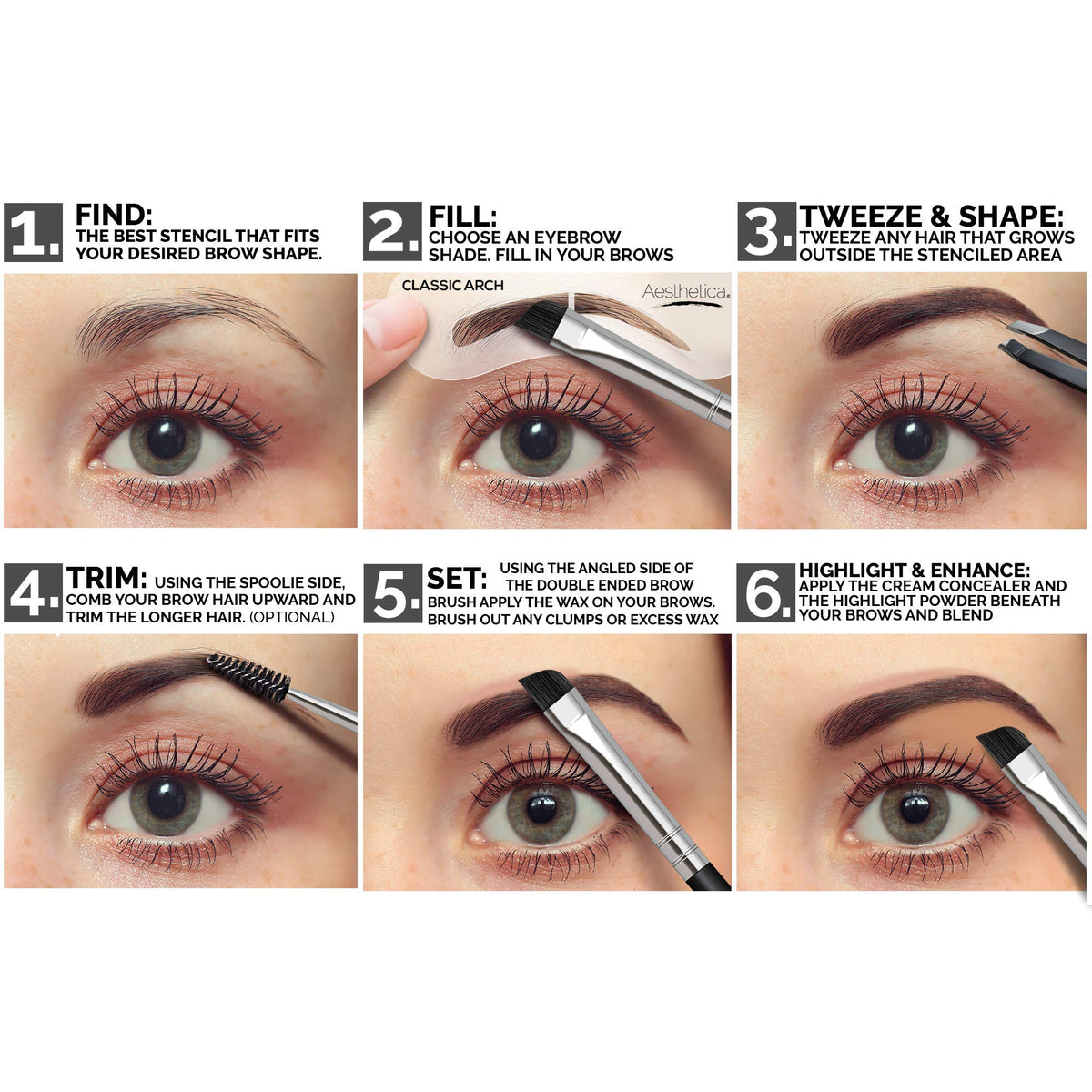 Aesthetica five eyebrow stencils displayed for consistent shaping and easy use