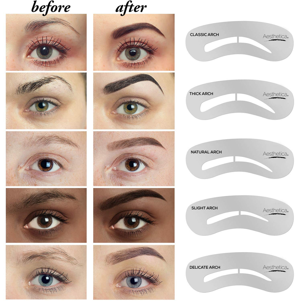 Aesthetica tools layout with brush spoolie tweezers wax highlighting quick precision