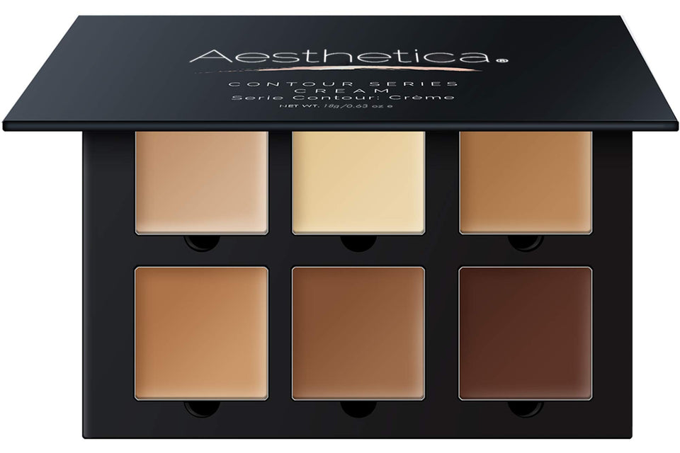Aesthetica front palette view showing six cream shades and mirror for travel convenience