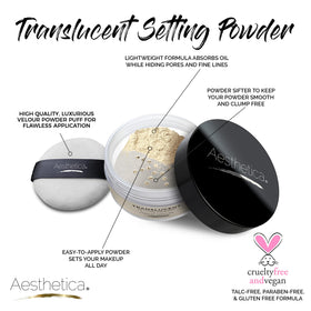 Aesthetica velour puff and open jar demonstrating easy on-the-go touch-ups