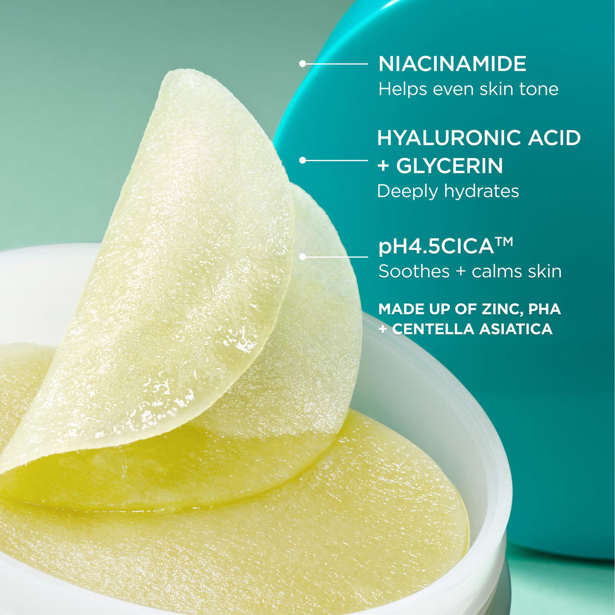 AESTURA spread of 60 toner pads and label highlighting pH4.5 and rosacea-friendly formulation