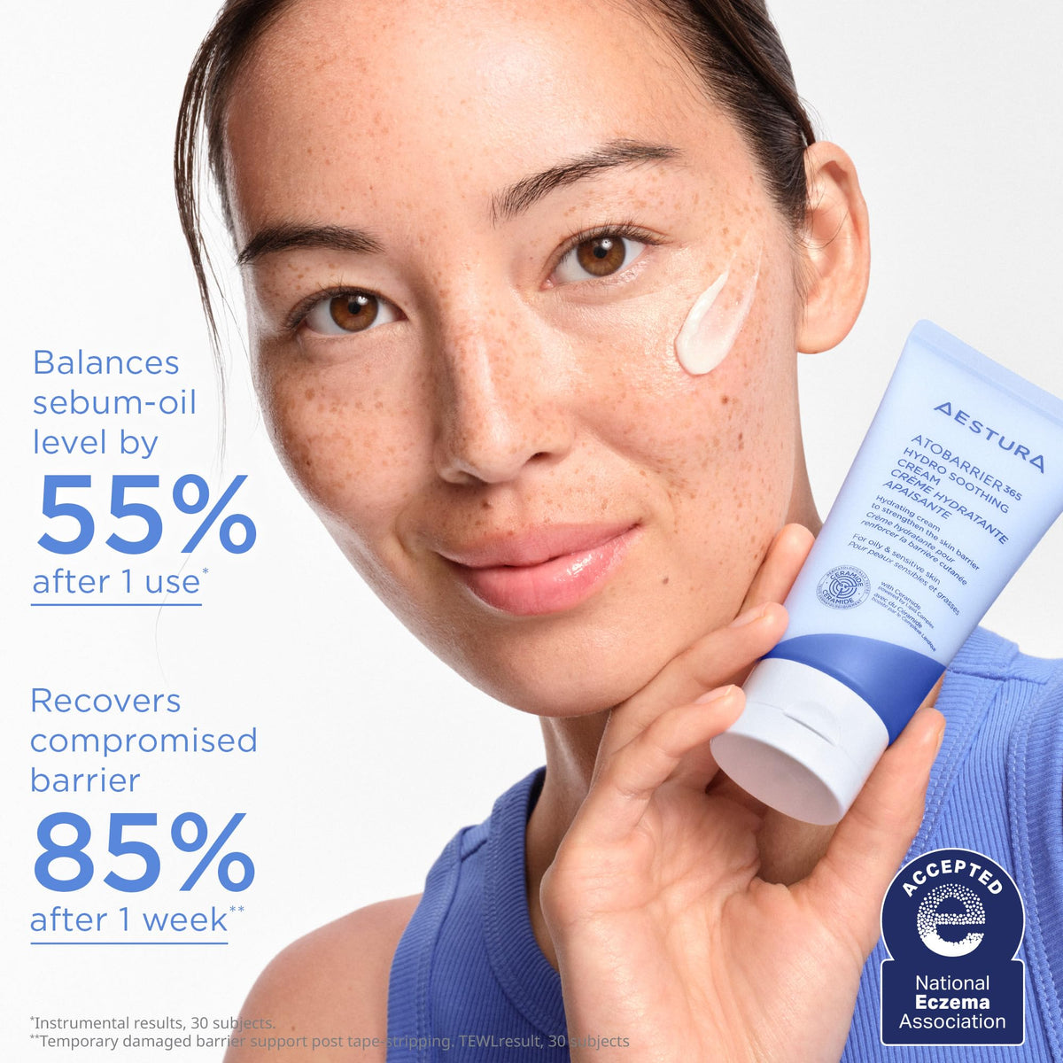 AESTURA cream on hand demonstrating lightweight absorption and non-greasy feel