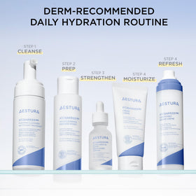 AESTURA mist being sprayed onto a face to refresh makeup and boost moisture