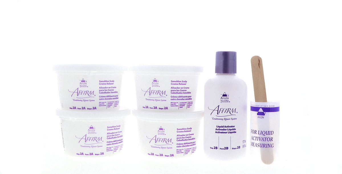 Affirm relaxer kit size comparison with hand showing quantity for four applications