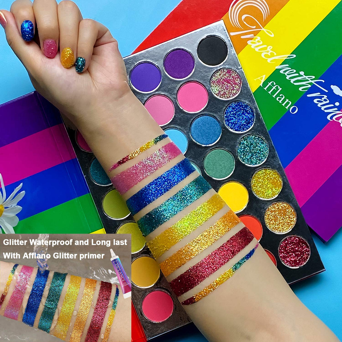 Afflano swatch arm rainbow illustrating strong pigmentation for bold looks