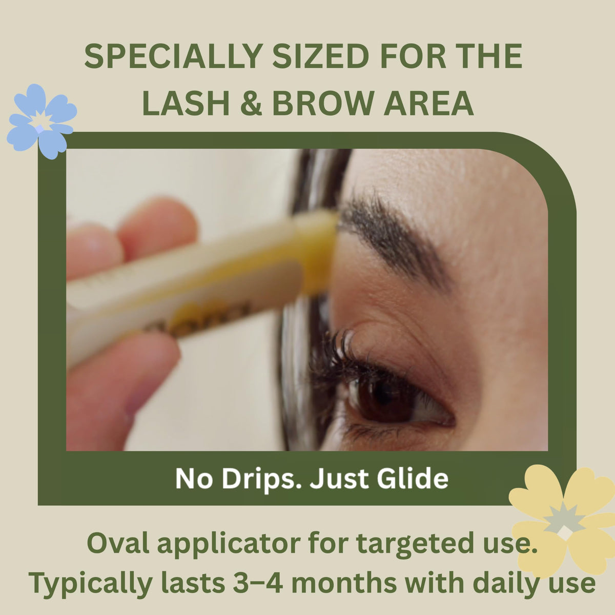 Aflora sweeping stick along lash base showing gentle, targeted hydration without runoff